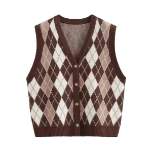 Vintage Diamond Check Cardigan Knitted Vest
