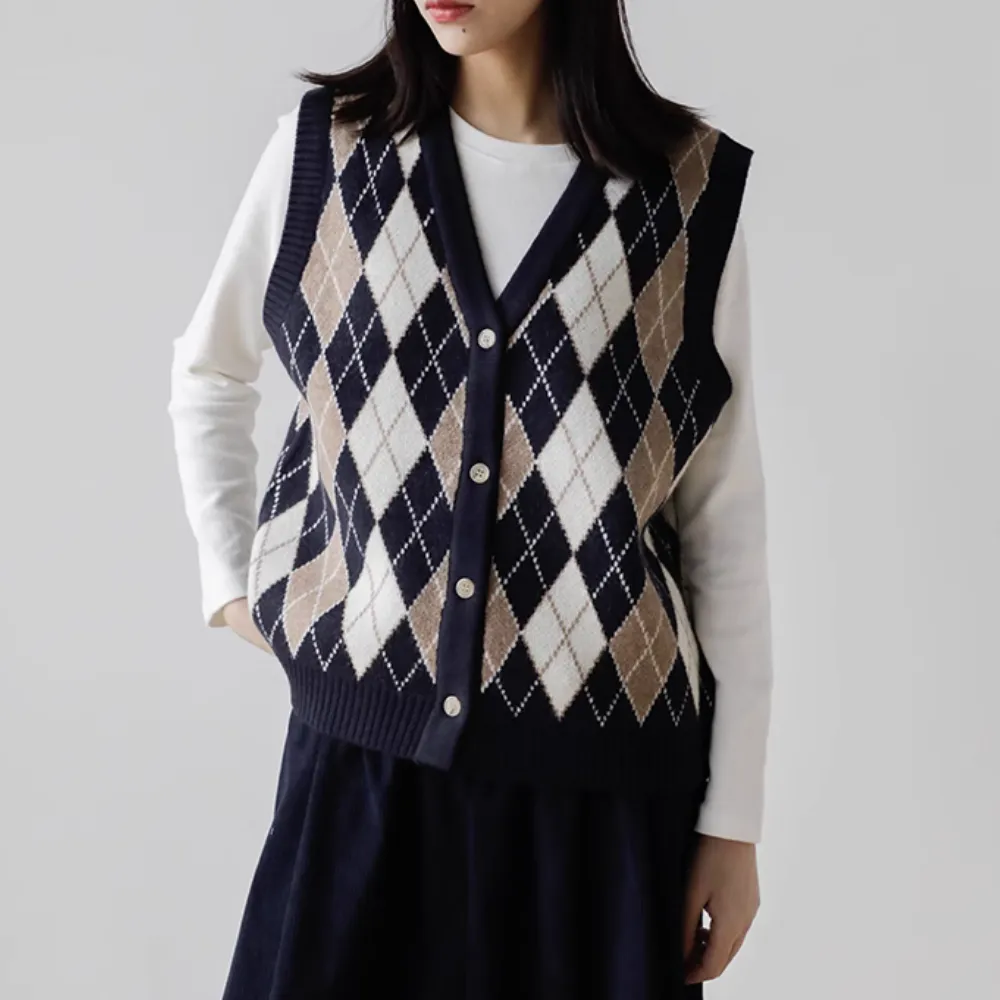 Vintage Diamond Check Cardigan Knitted Vest