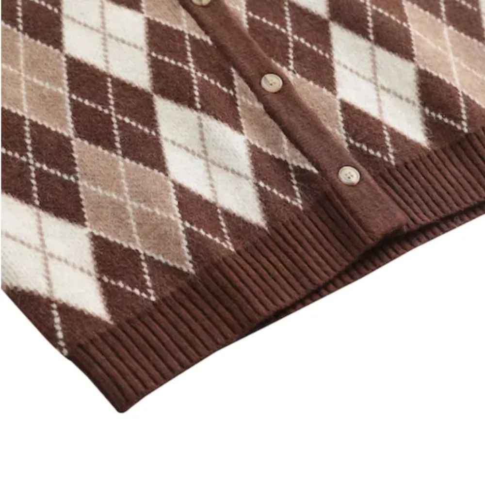 Vintage Diamond Check Cardigan Knitted Vest