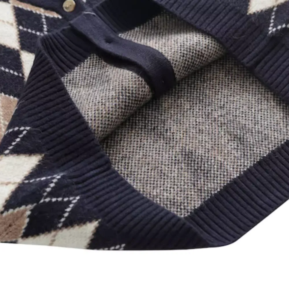 Vintage Diamond Check Cardigan Knitted Vest