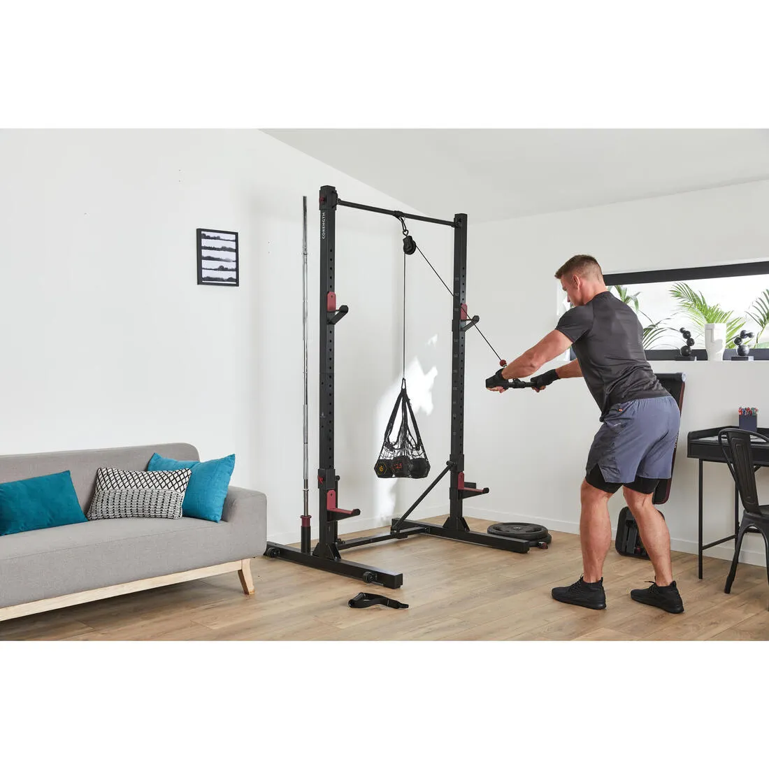 Weight Training Pulley Station With Pull Bar, Weights Holder and Net