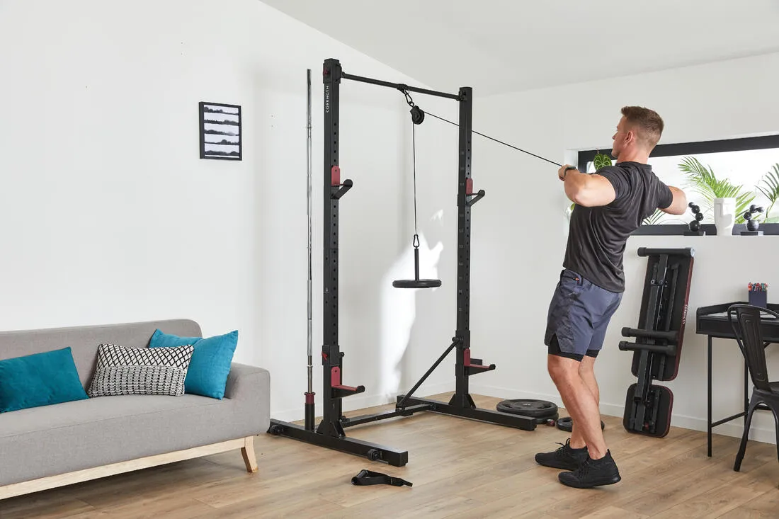Weight Training Pulley Station With Pull Bar, Weights Holder and Net