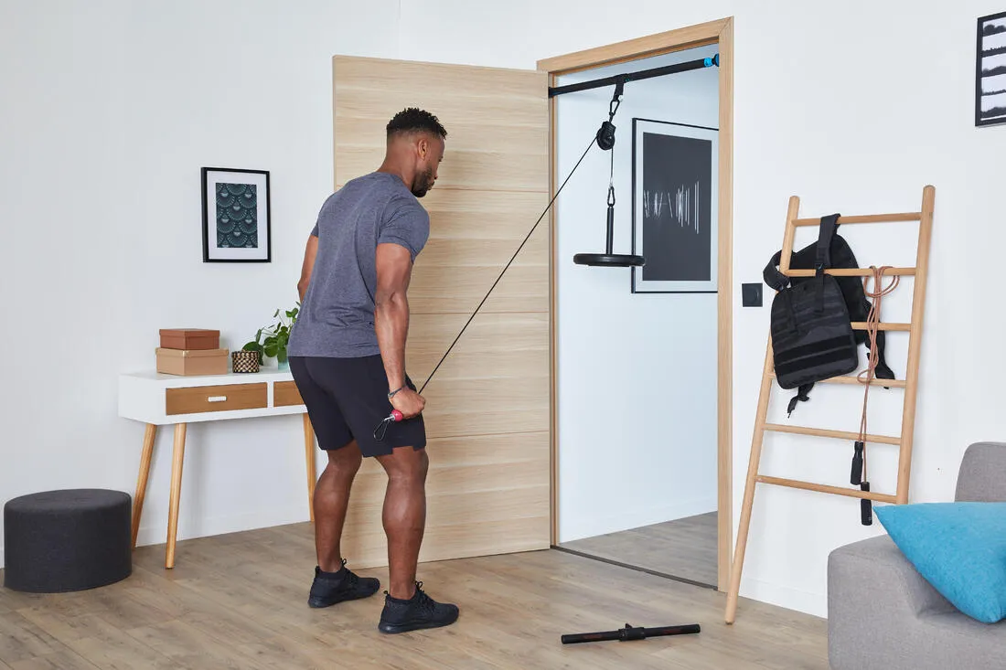 Weight Training Pulley Station With Pull Bar, Weights Holder and Net