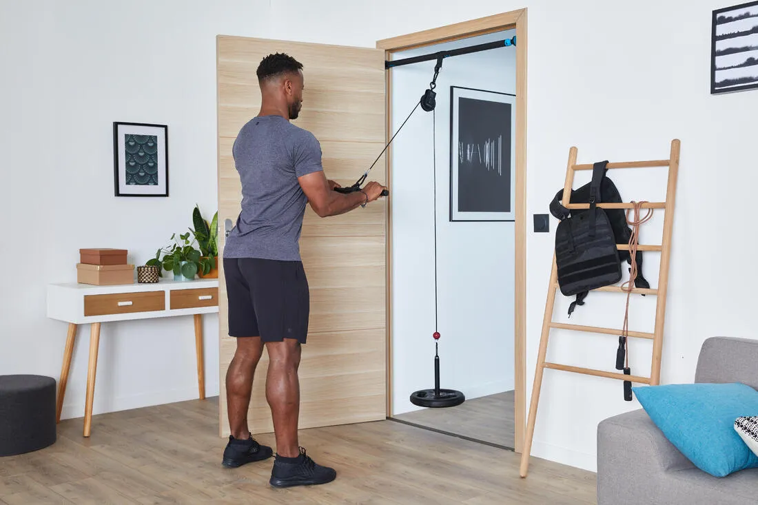 Weight Training Pulley Station With Pull Bar, Weights Holder and Net