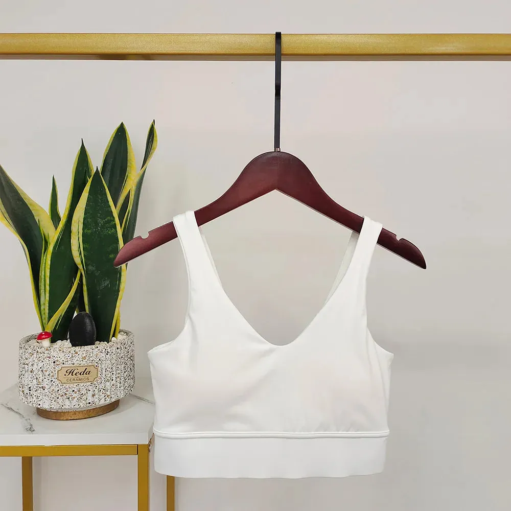 White Backless Sport Bra - V-Shape Push Up Yoga Bra with Wide Shoulder Straps, Comfortable Nude Fitness Vest, Workout Tops