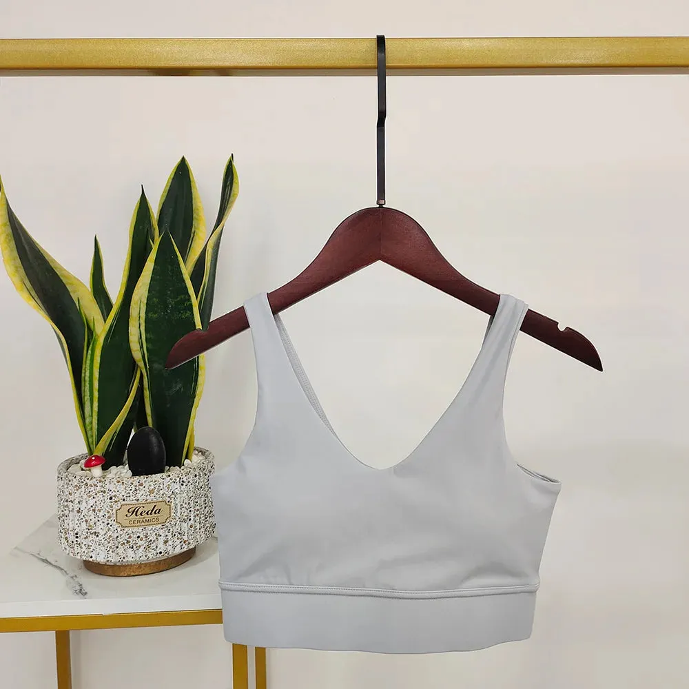 White Backless Sport Bra - V-Shape Push Up Yoga Bra with Wide Shoulder Straps, Comfortable Nude Fitness Vest, Workout Tops