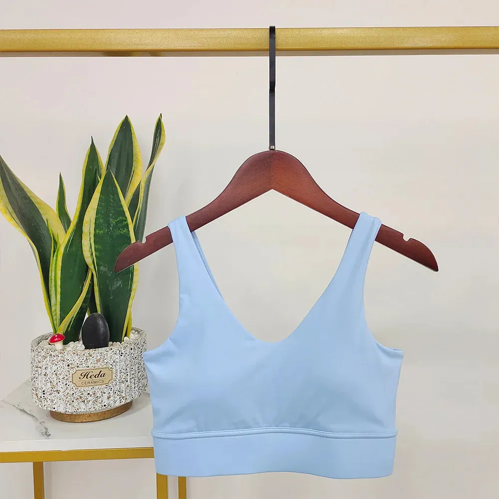 White Backless Sport Bra - V-Shape Push Up Yoga Bra with Wide Shoulder Straps, Comfortable Nude Fitness Vest, Workout Tops