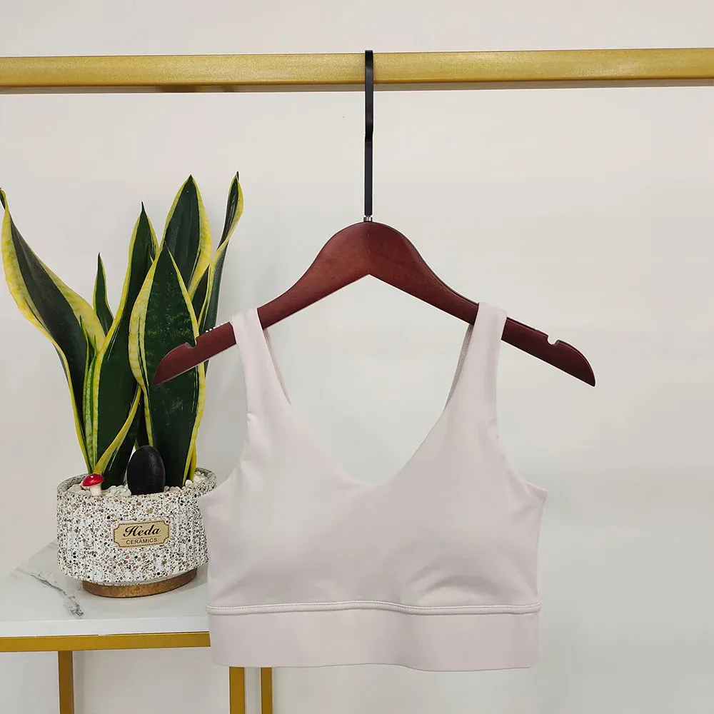 White Backless Sport Bra - V-Shape Push Up Yoga Bra with Wide Shoulder Straps, Comfortable Nude Fitness Vest, Workout Tops