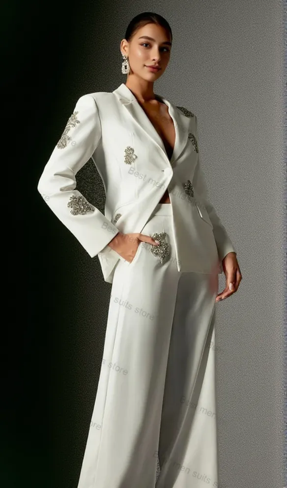 Winee Rhinestones embellished Blazer Set White