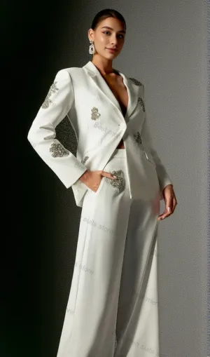 Winee Rhinestones embellished Blazer Set White