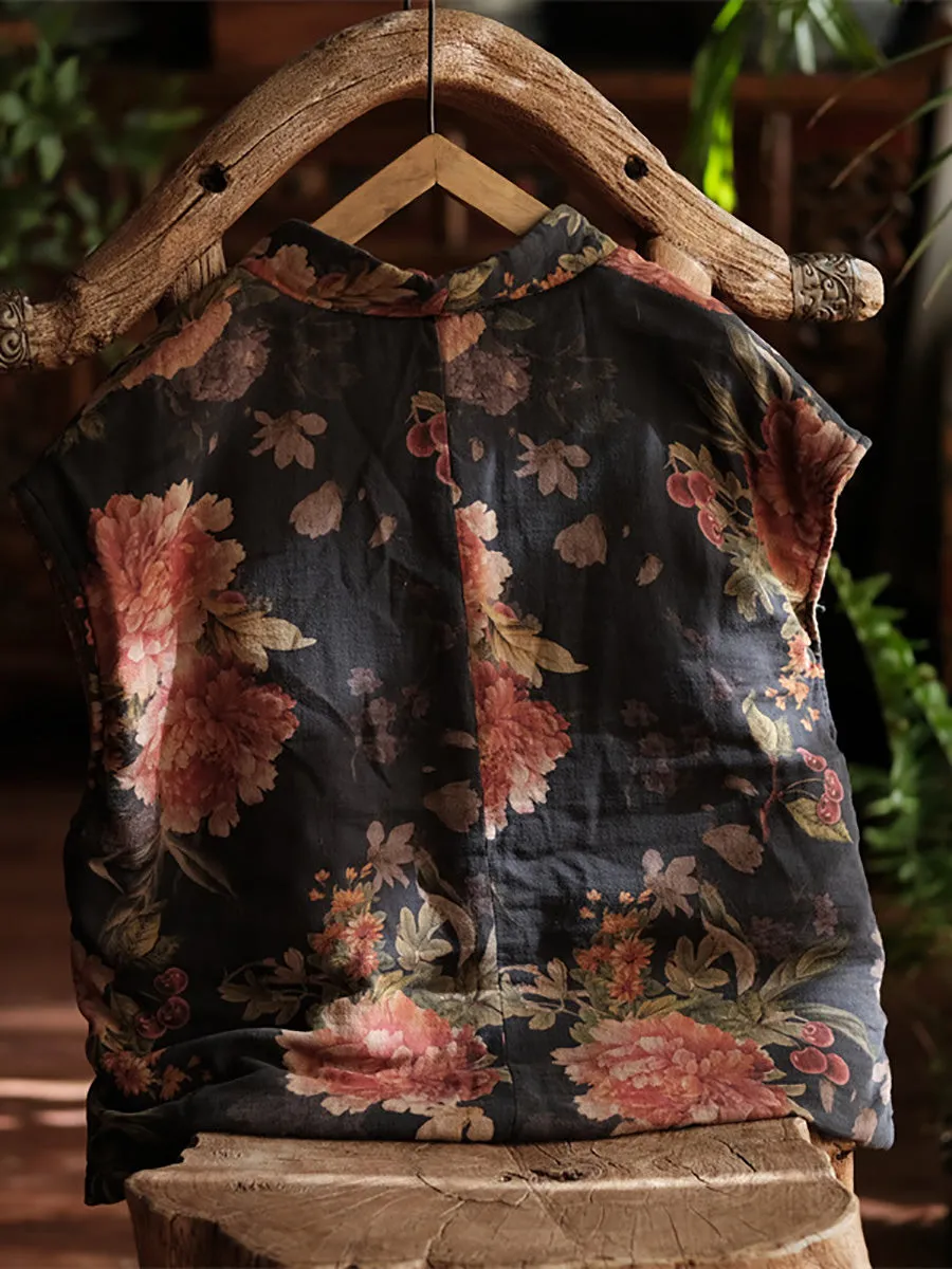 Women Ethnic Flower V-neck Cotton Paaded Vest