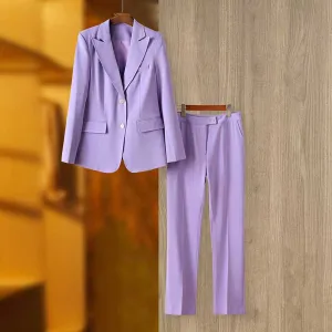 Women Lavender Pantsuit Fitted Blazer   Mid-High Rise Trousers Pantsuit Suit Office Wear