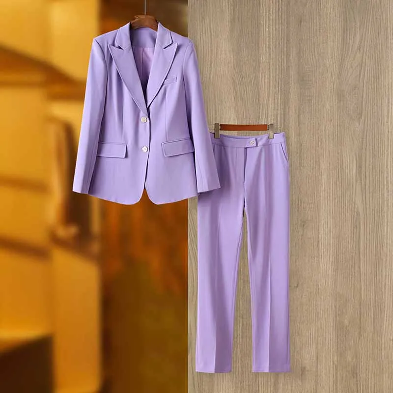Women Lavender Pantsuit Fitted Blazer   Mid-High Rise Trousers Pantsuit Suit Office Wear