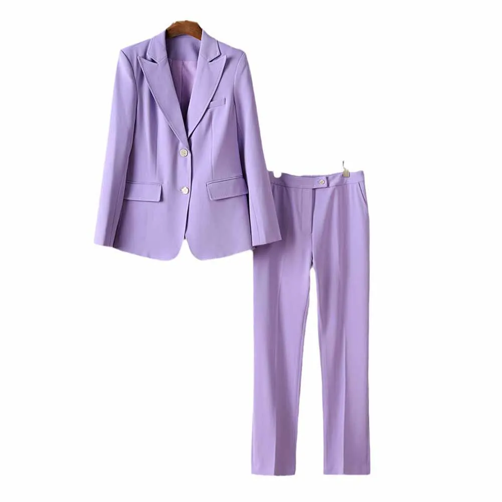 Women Lavender Pantsuit Fitted Blazer   Mid-High Rise Trousers Pantsuit Suit Office Wear