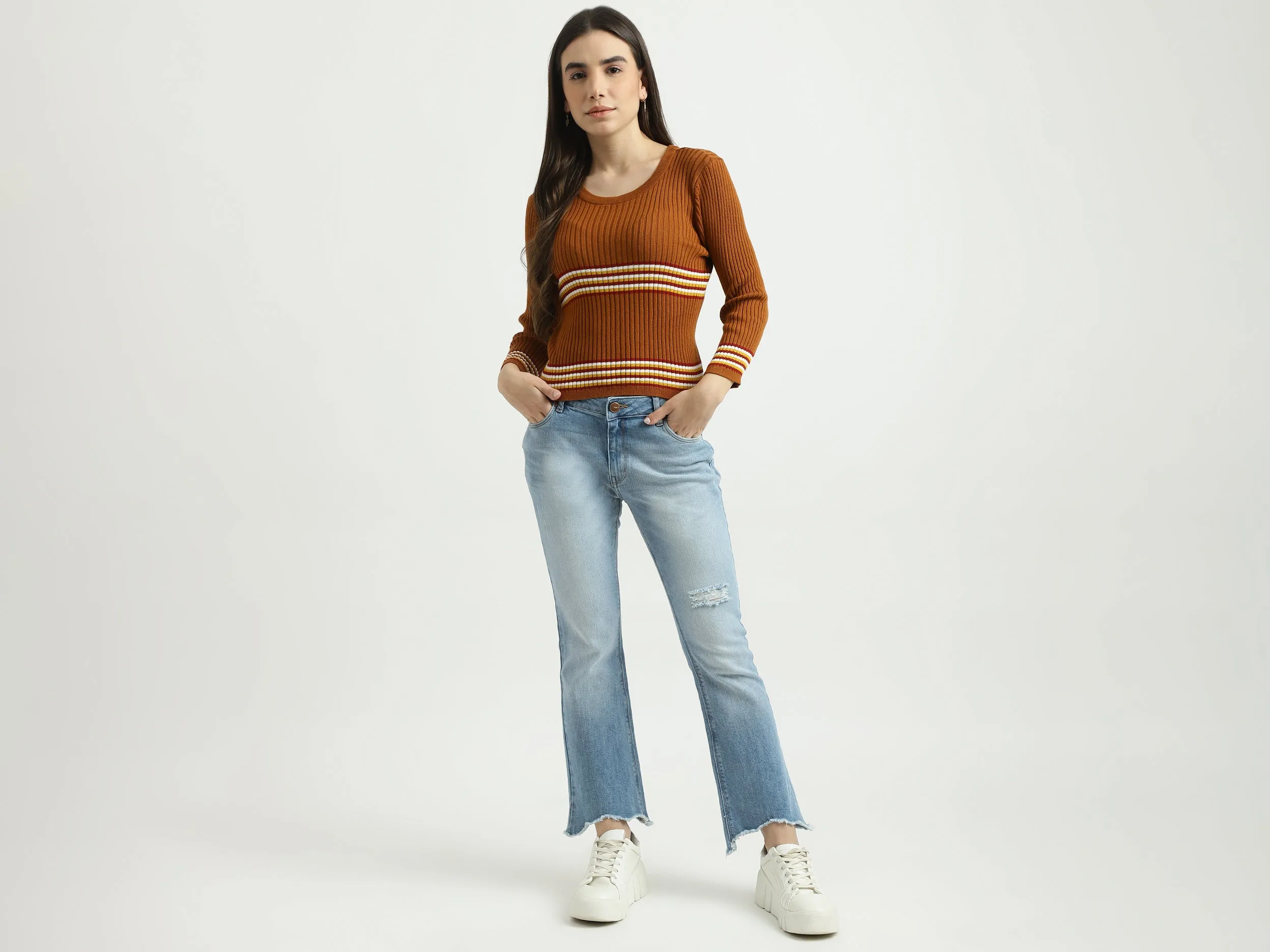 Women Striped Round Neck Sweater