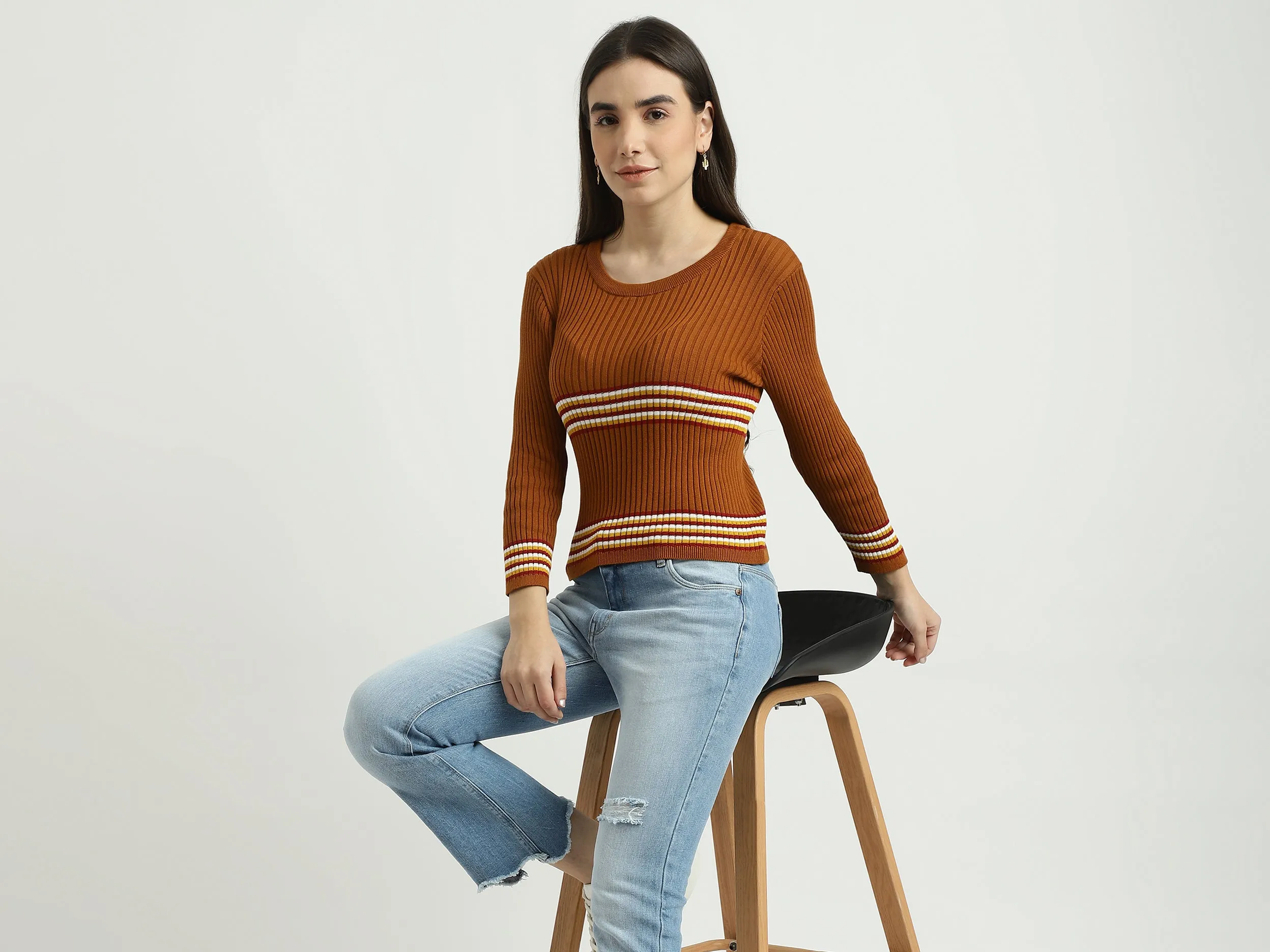 Women Striped Round Neck Sweater