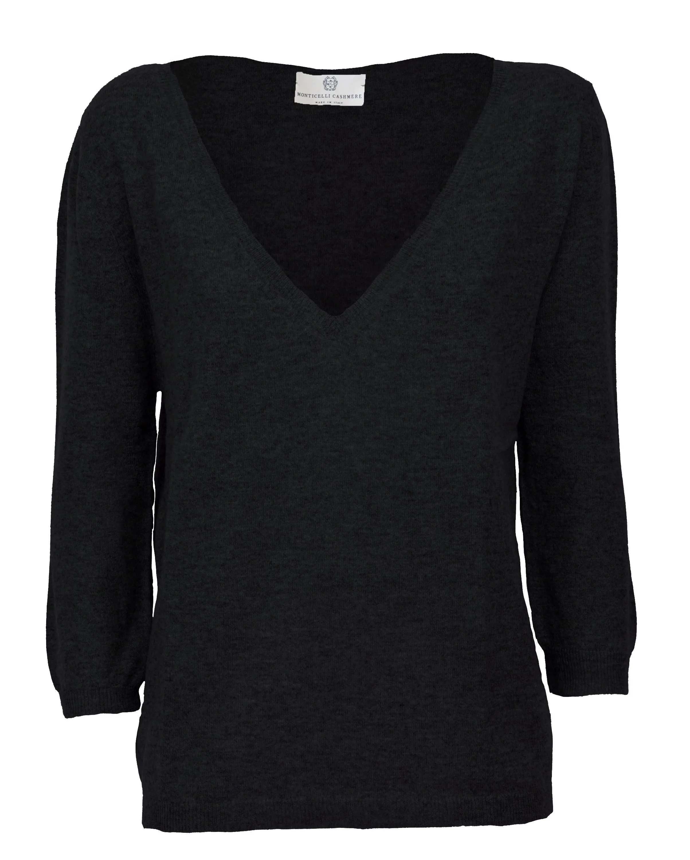 Women's Cashmere 3/4 Sleeve Wide V-Neck Jumper Black