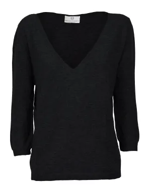 Women's Cashmere 3/4 Sleeve Wide V-Neck Jumper Black