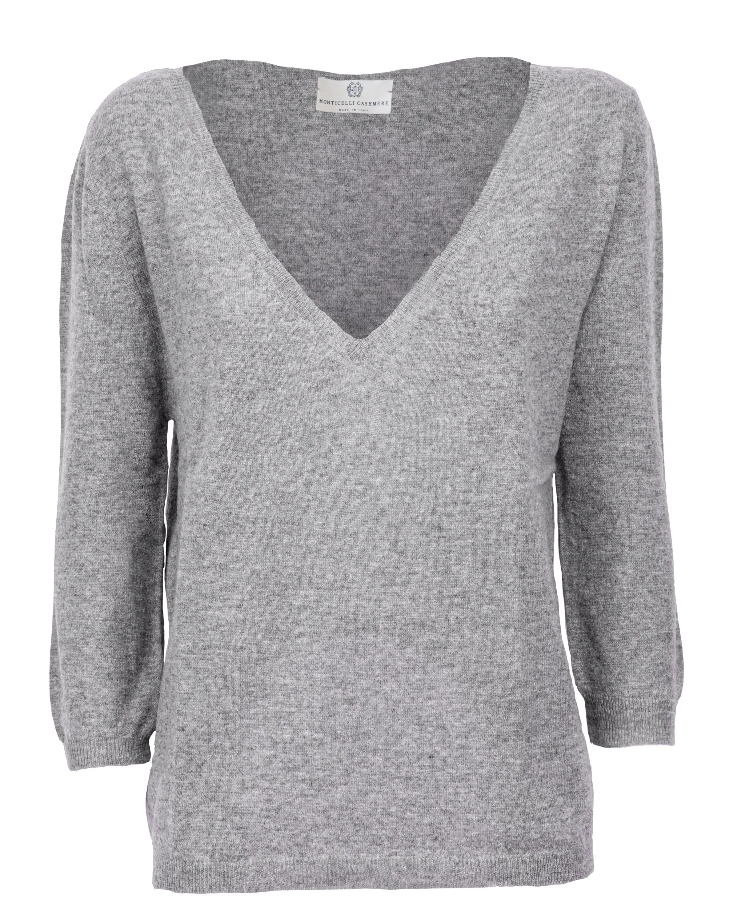 Women's Cashmere 3/4 Sleeve Wide V-Neck Jumper Melange Gray