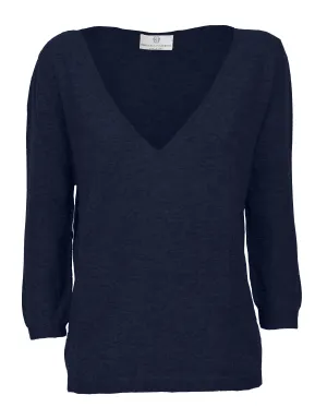 Women's Cashmere 3/4 Sleeve Wide V-Neck Jumper Night Blue
