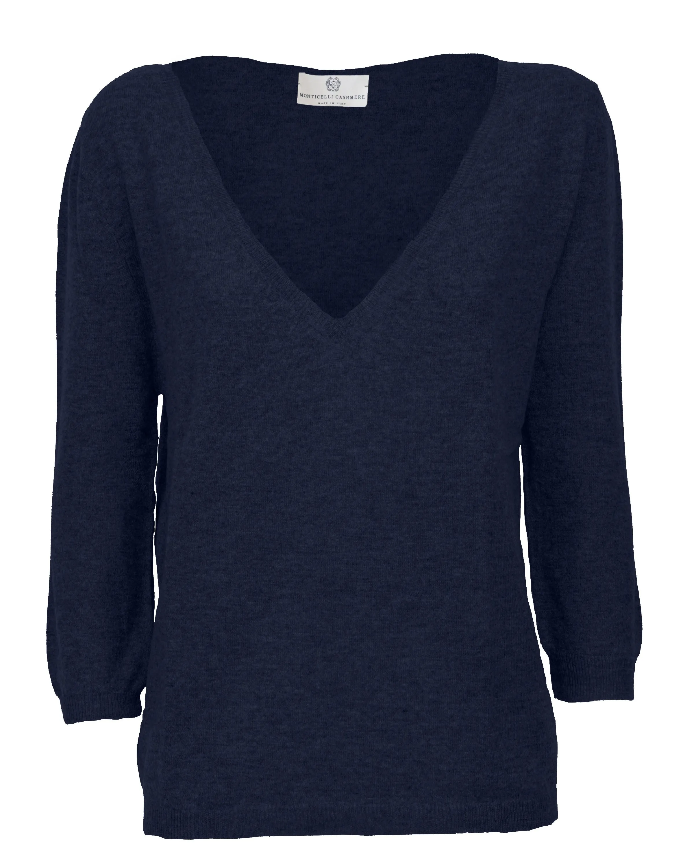 Women's Cashmere 3/4 Sleeve Wide V-Neck Jumper Night Blue