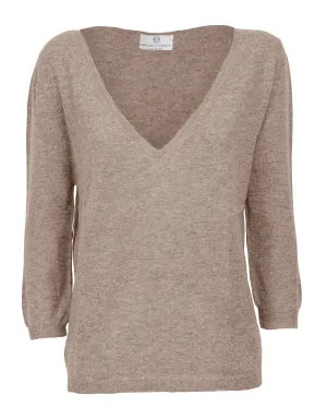 Women's Cashmere 3/4 Sleeve Wide V-Neck Jumper Taupe