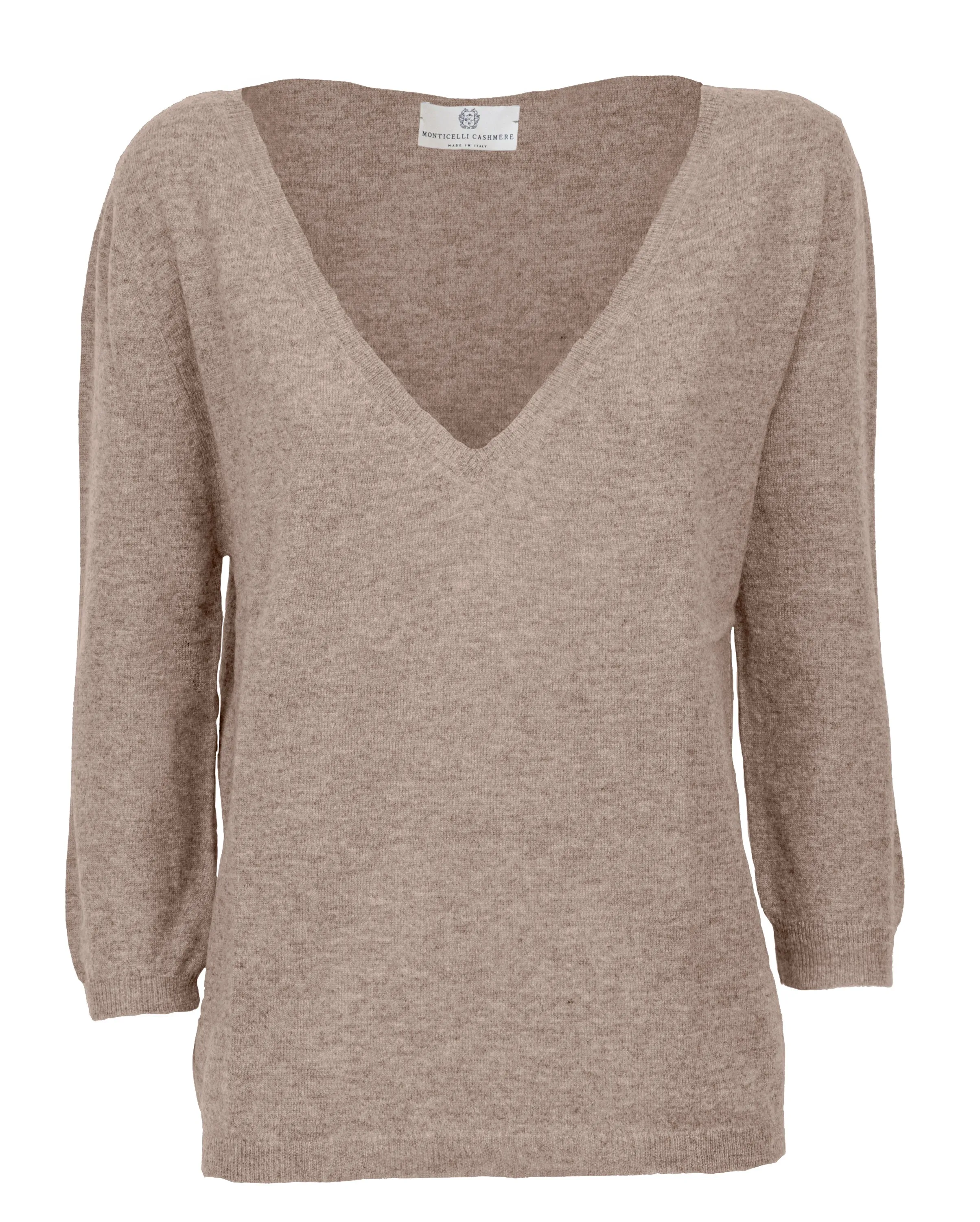 Women's Cashmere 3/4 Sleeve Wide V-Neck Jumper Taupe