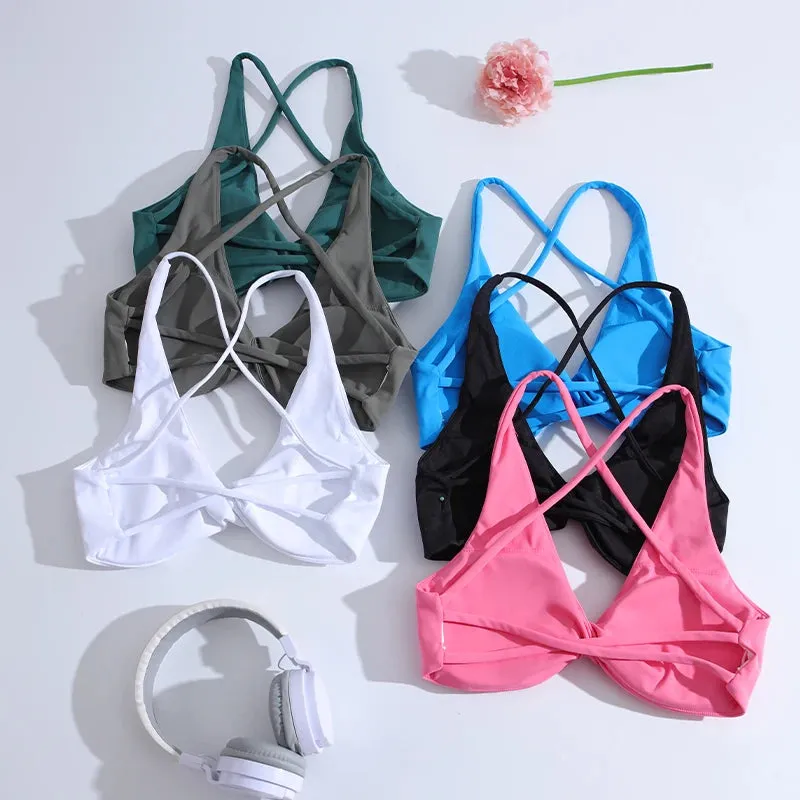 Women's Cross Back Pleated Sport Bra - Athletic Tank Top for Fitness - Sexy Hollow Workout Vest