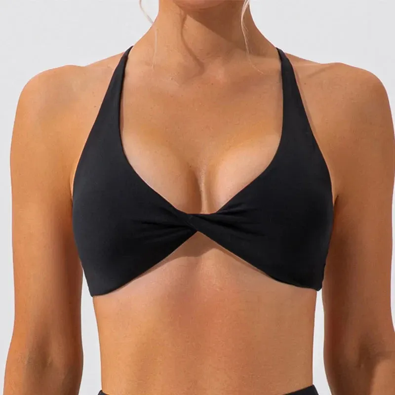 Women's Cross Back Pleated Sport Bra - Athletic Tank Top for Fitness - Sexy Hollow Workout Vest