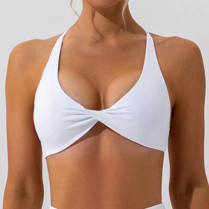 Women's Cross Back Pleated Sport Bra - Athletic Tank Top for Fitness - Sexy Hollow Workout Vest