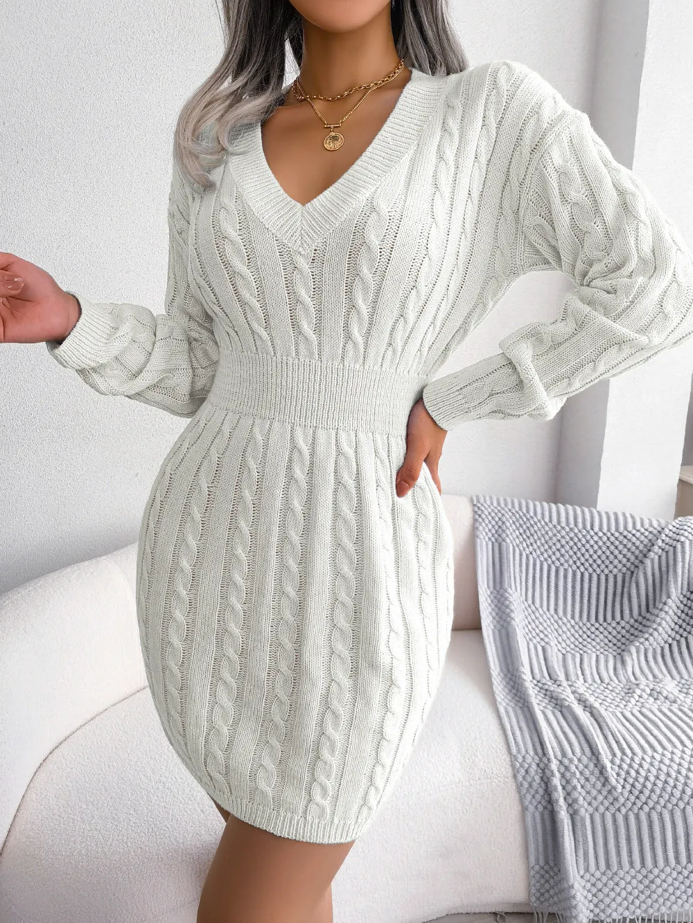 Women's Knit Style Sweater Dress with V-Neck and Long Sleeves