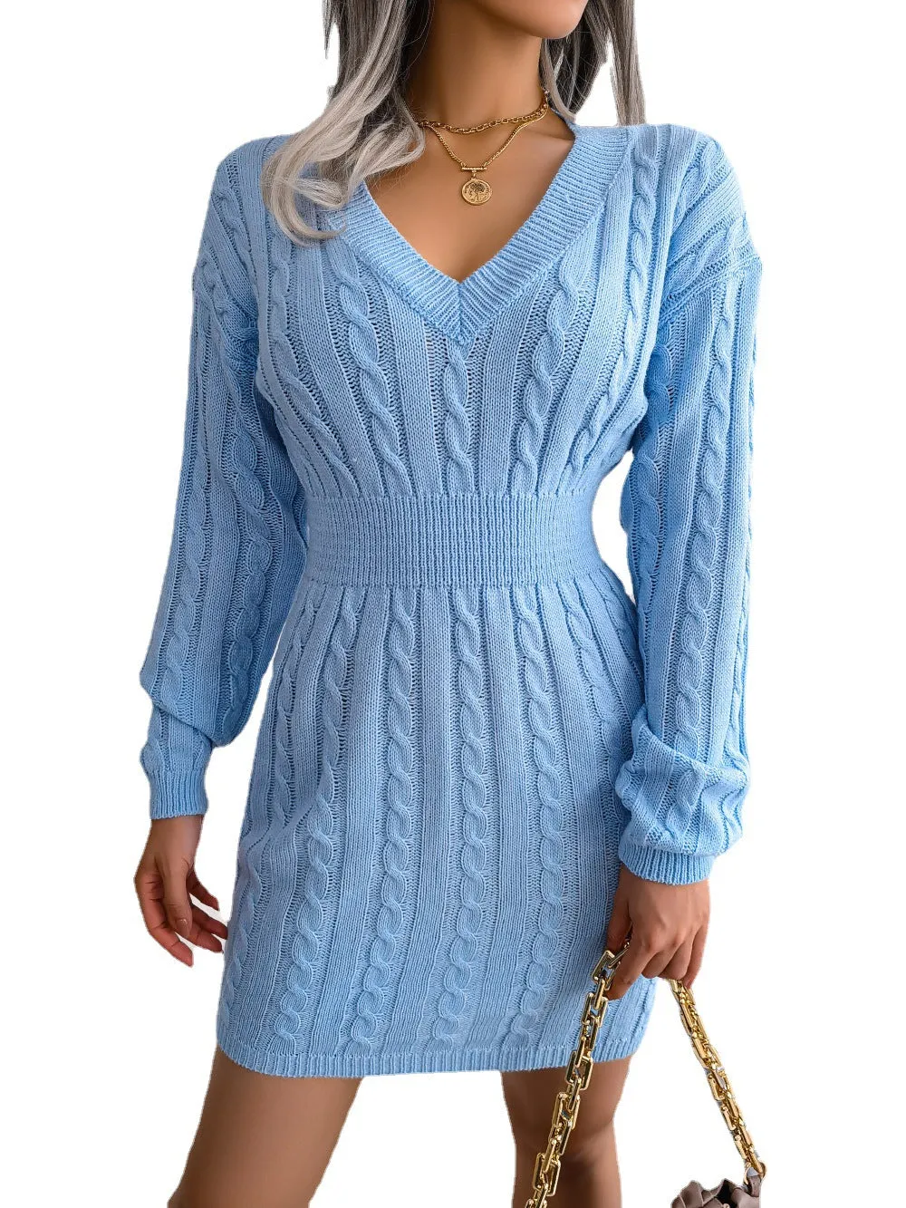 Women's Knit Style Sweater Dress with V-Neck and Long Sleeves