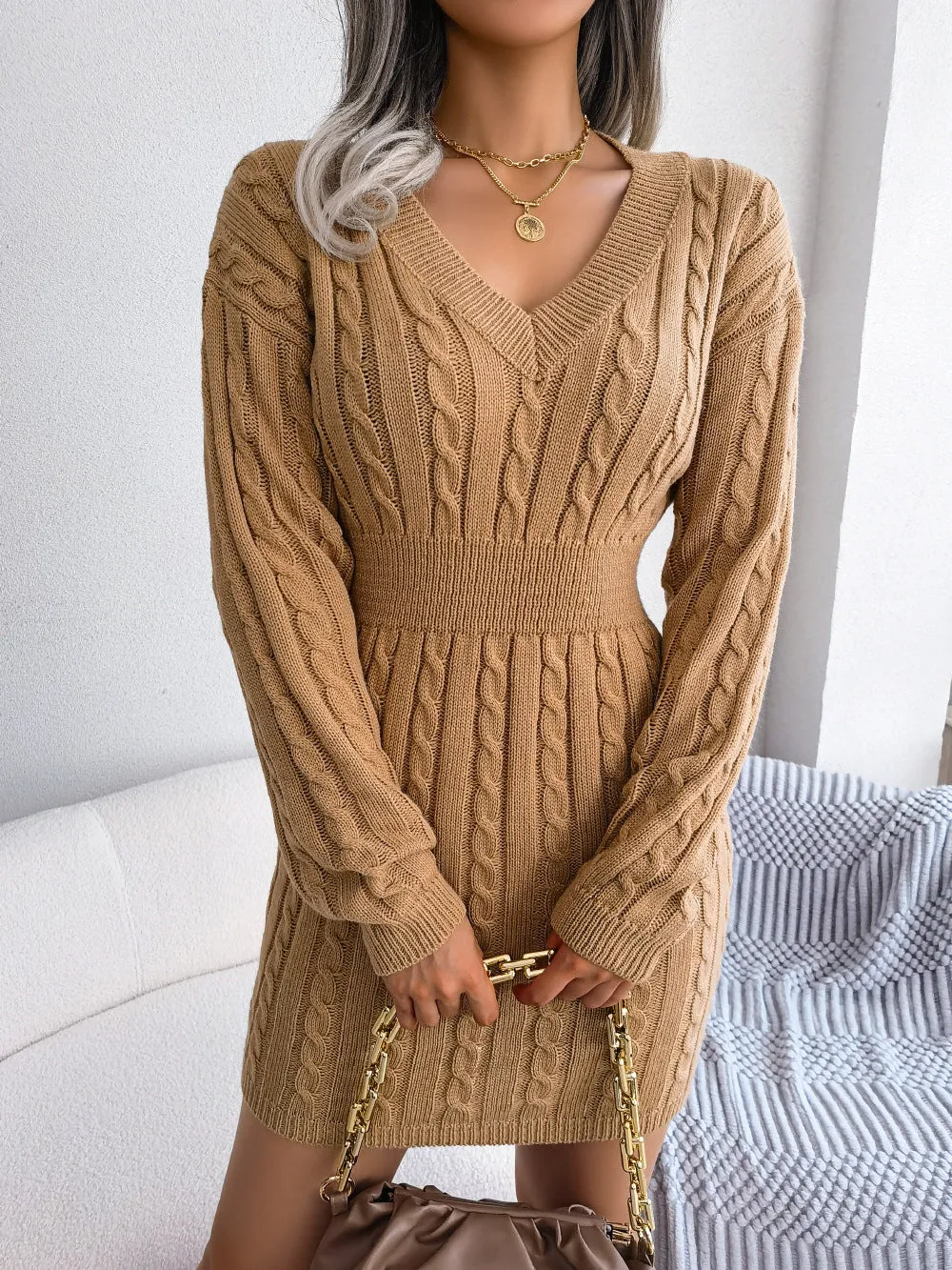 Women's Knit Style Sweater Dress with V-Neck and Long Sleeves