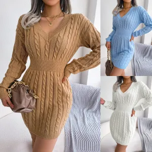 Women's Knit Style Sweater Dress with V-Neck and Long Sleeves