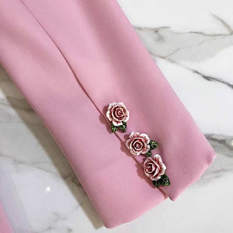 Womens Pink Coat Golden Lion Buttons Blazer Jacket with Pocket