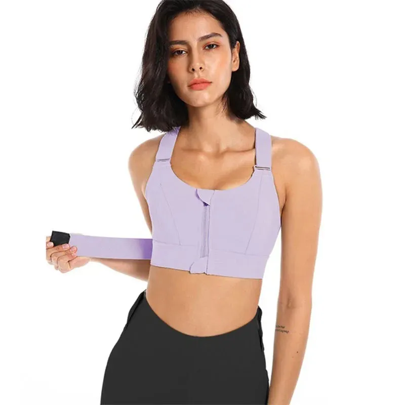 Women's Plus Size Front Zipper Sports Bra - Adjustable Strap, Shockproof, Yoga & Gym Fitness Crop Top