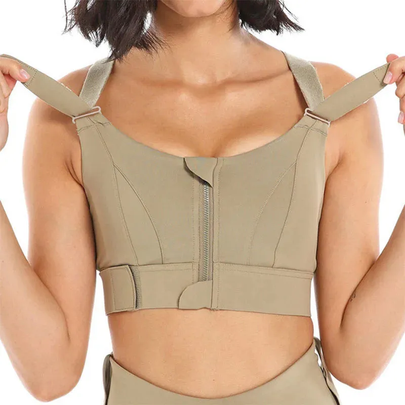 Women's Plus Size Front Zipper Sports Bra - Adjustable Strap, Shockproof, Yoga & Gym Fitness Crop Top