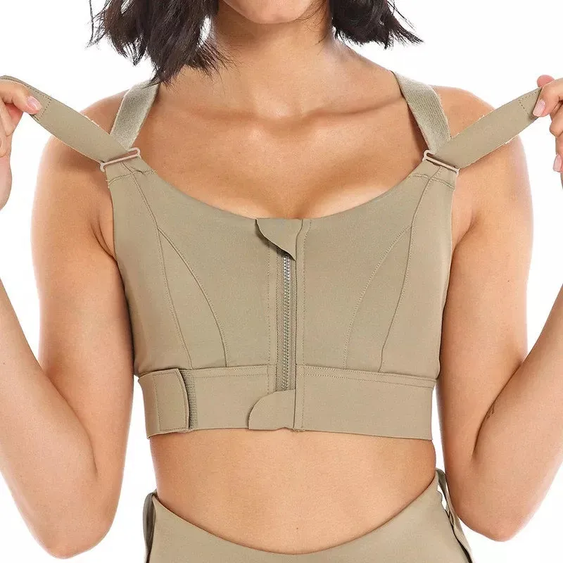 Women's Plus Size Front Zipper Sports Bra - Adjustable Strap, Shockproof, Yoga & Gym Fitness Crop Top