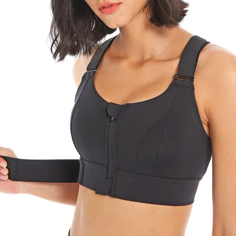 Women's Plus Size Front Zipper Sports Bra - Adjustable Strap, Shockproof, Yoga & Gym Fitness Crop Top