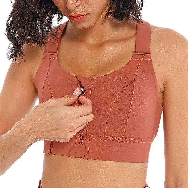 Women's Plus Size Front Zipper Sports Bra - Adjustable Strap, Shockproof, Yoga & Gym Fitness Crop Top