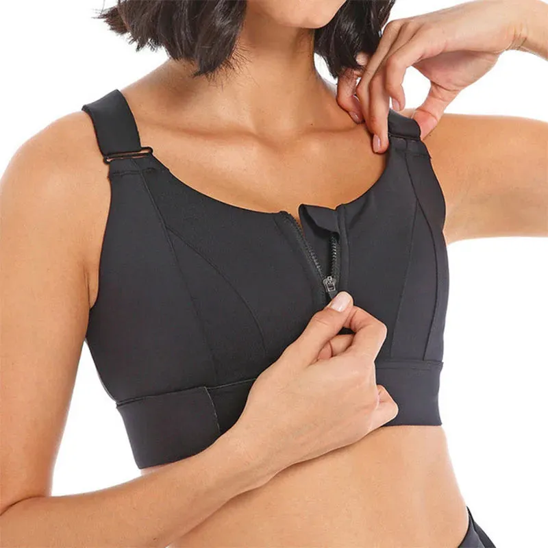 Women's Plus Size Front Zipper Sports Bra - Adjustable Strap, Shockproof, Yoga & Gym Fitness Crop Top