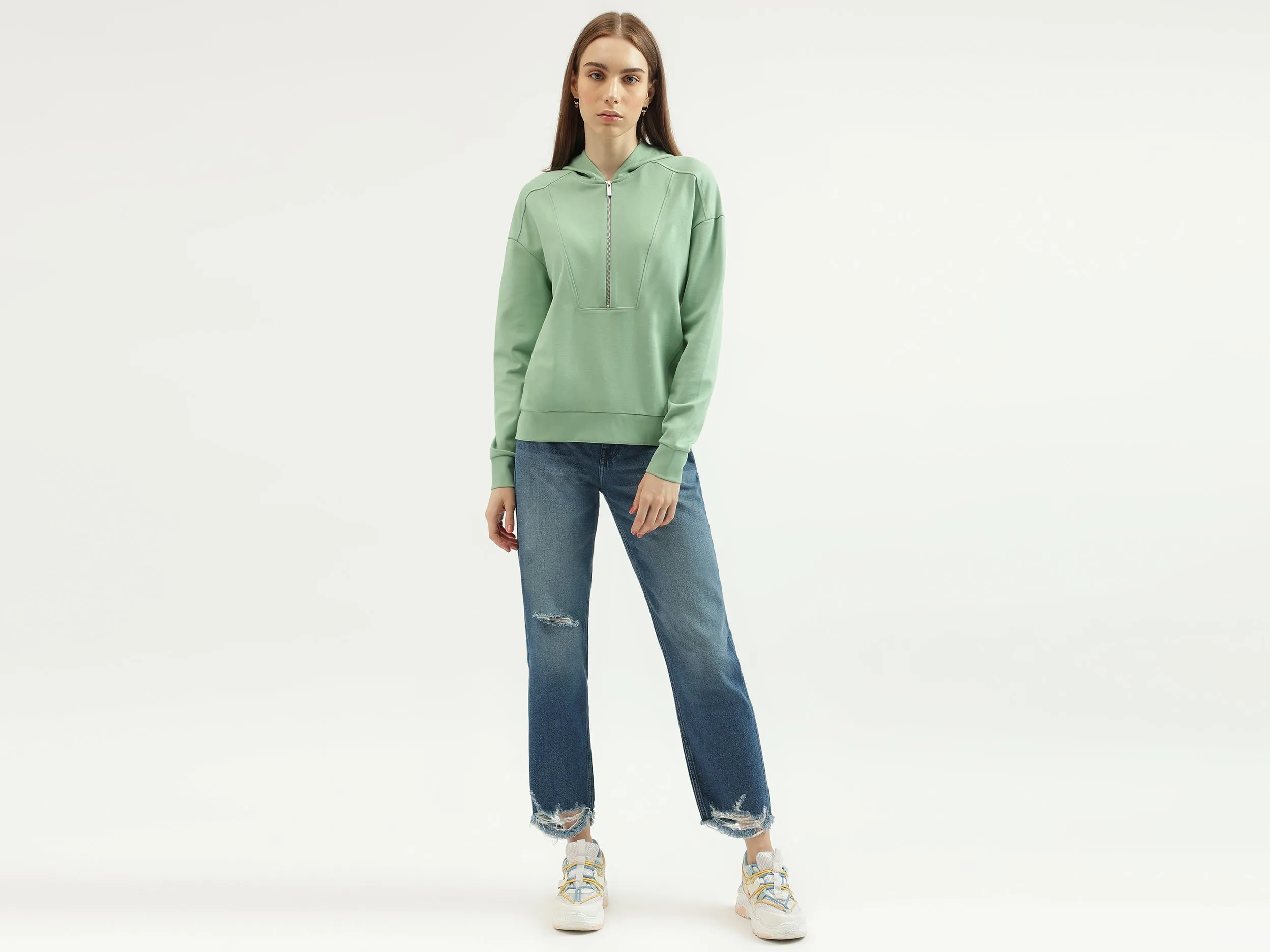 Women's Regular Fit Hooded Neck Solid Sweatshirt