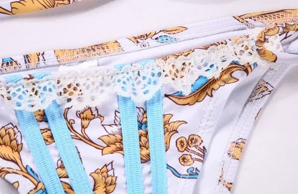 Women's Two-piece Swimsuit Sexy Ribbon Stitching Lace Strap Printing Bikini trendy