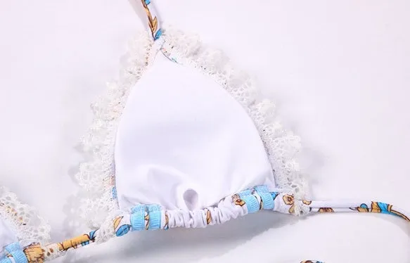 Women's Two-piece Swimsuit Sexy Ribbon Stitching Lace Strap Printing Bikini trendy