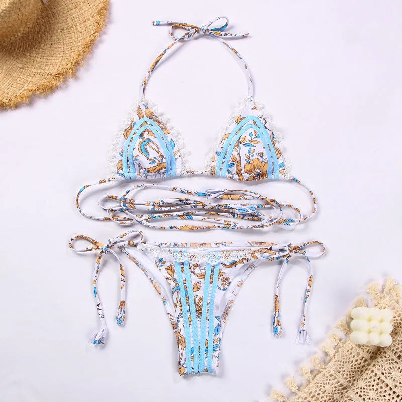 Women's Two-piece Swimsuit Sexy Ribbon Stitching Lace Strap Printing Bikini trendy