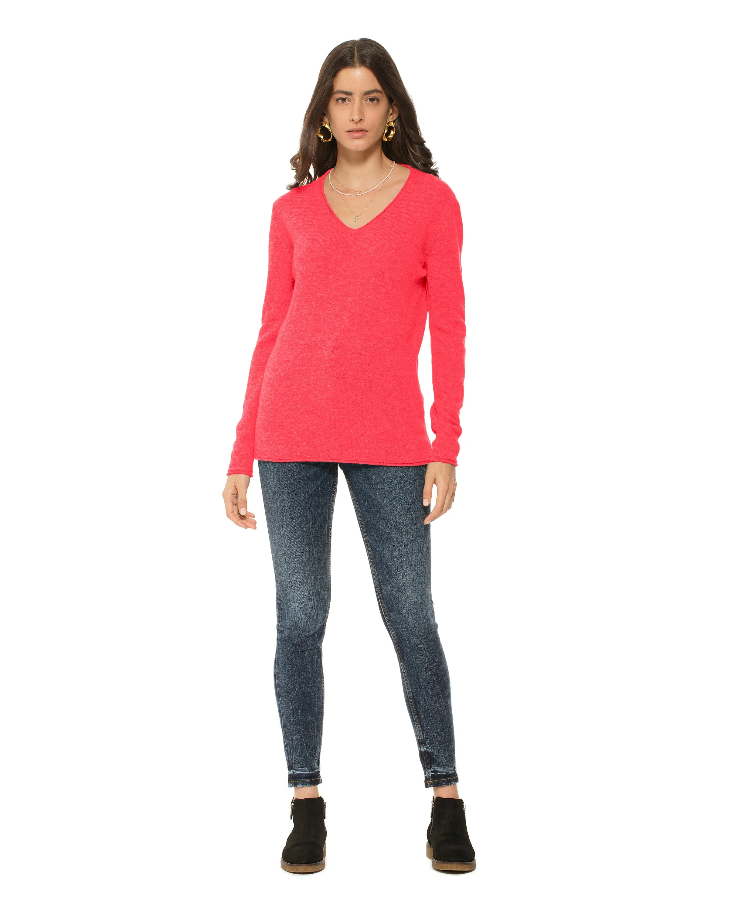 Women's Ultra-Light Cashmere V-Neck Sweater Coral Red