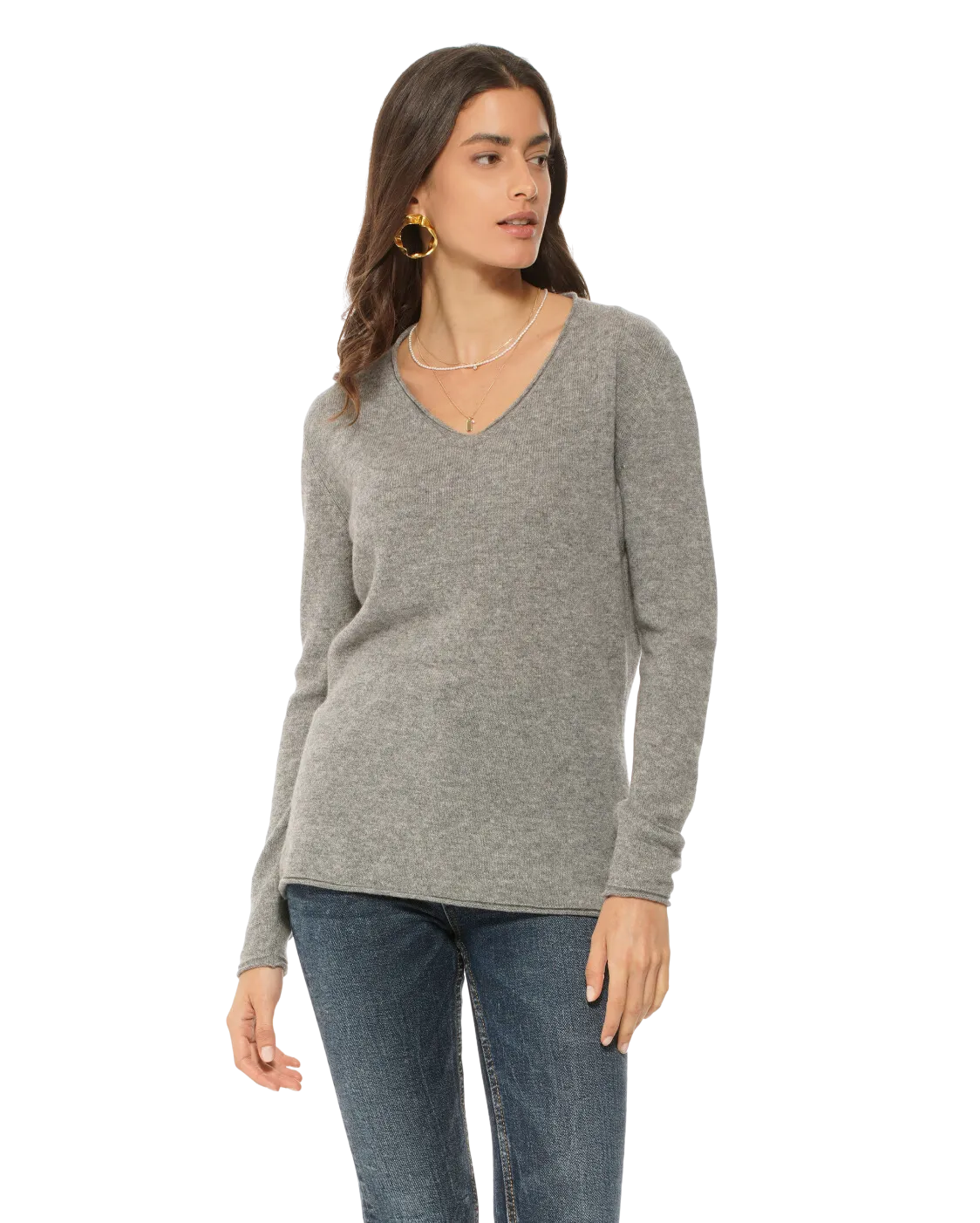 Women's Ultra-Light Cashmere V-Neck Sweater Melange Grey