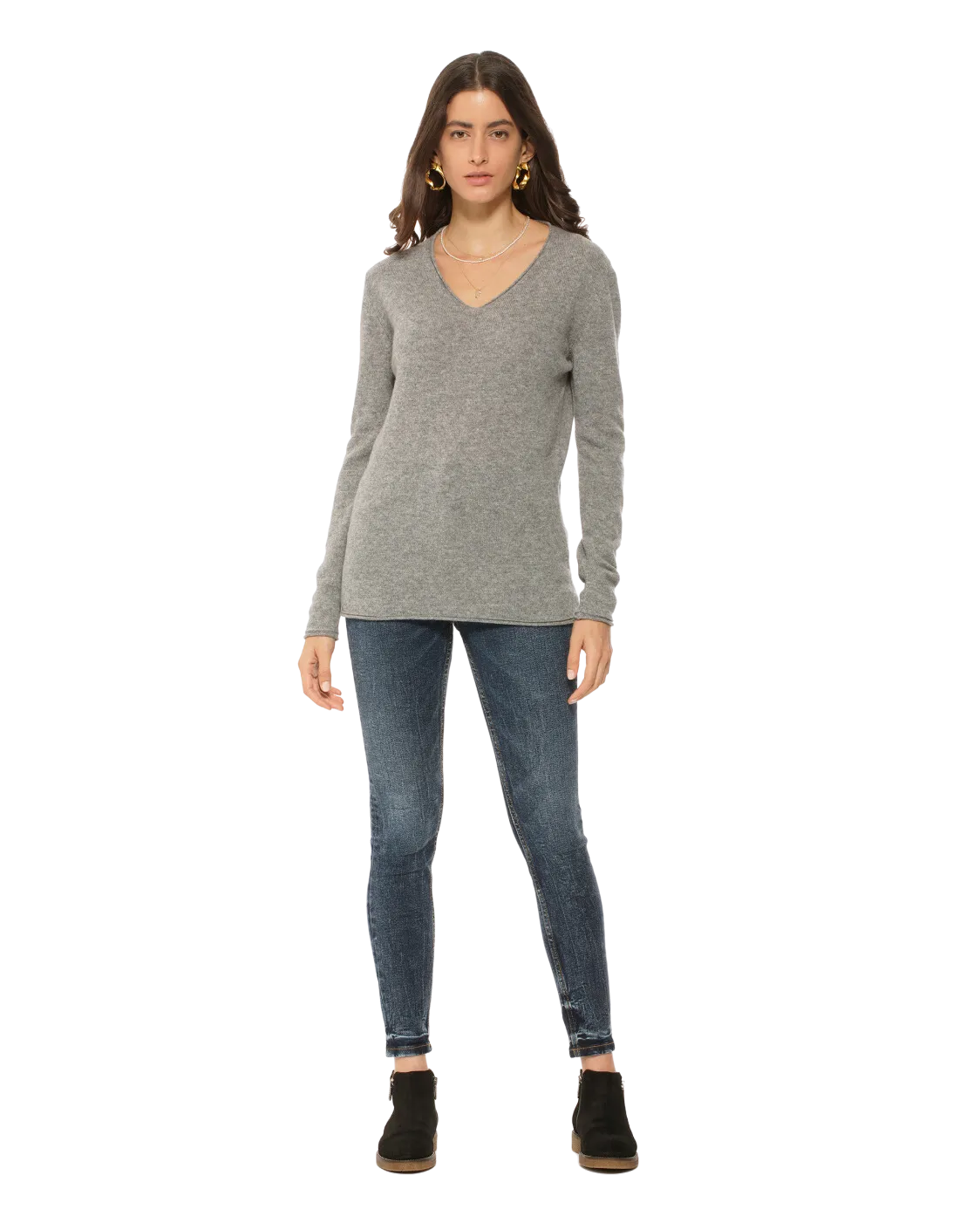 Women's Ultra-Light Cashmere V-Neck Sweater Melange Grey