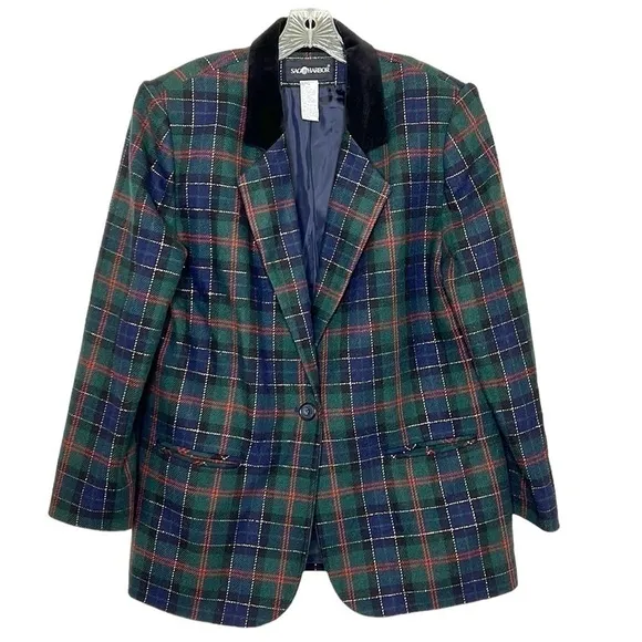 Women’s Vintage Sag Harbor Christmas Plaid Blazer Green Plus Size 14