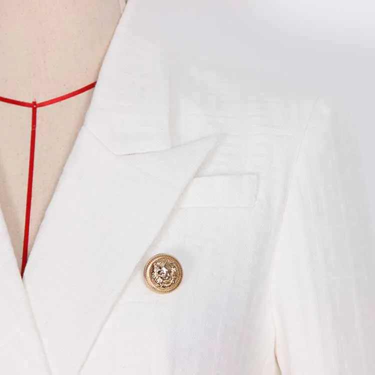 Women's White Pantsuit Gold Button Tie Belt Double Breasted Two Pieces Jacquard Suit
